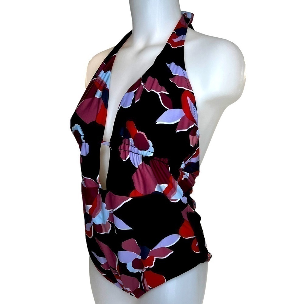 Bar III Plunging Black Floral Halter One Piece Swimsuit